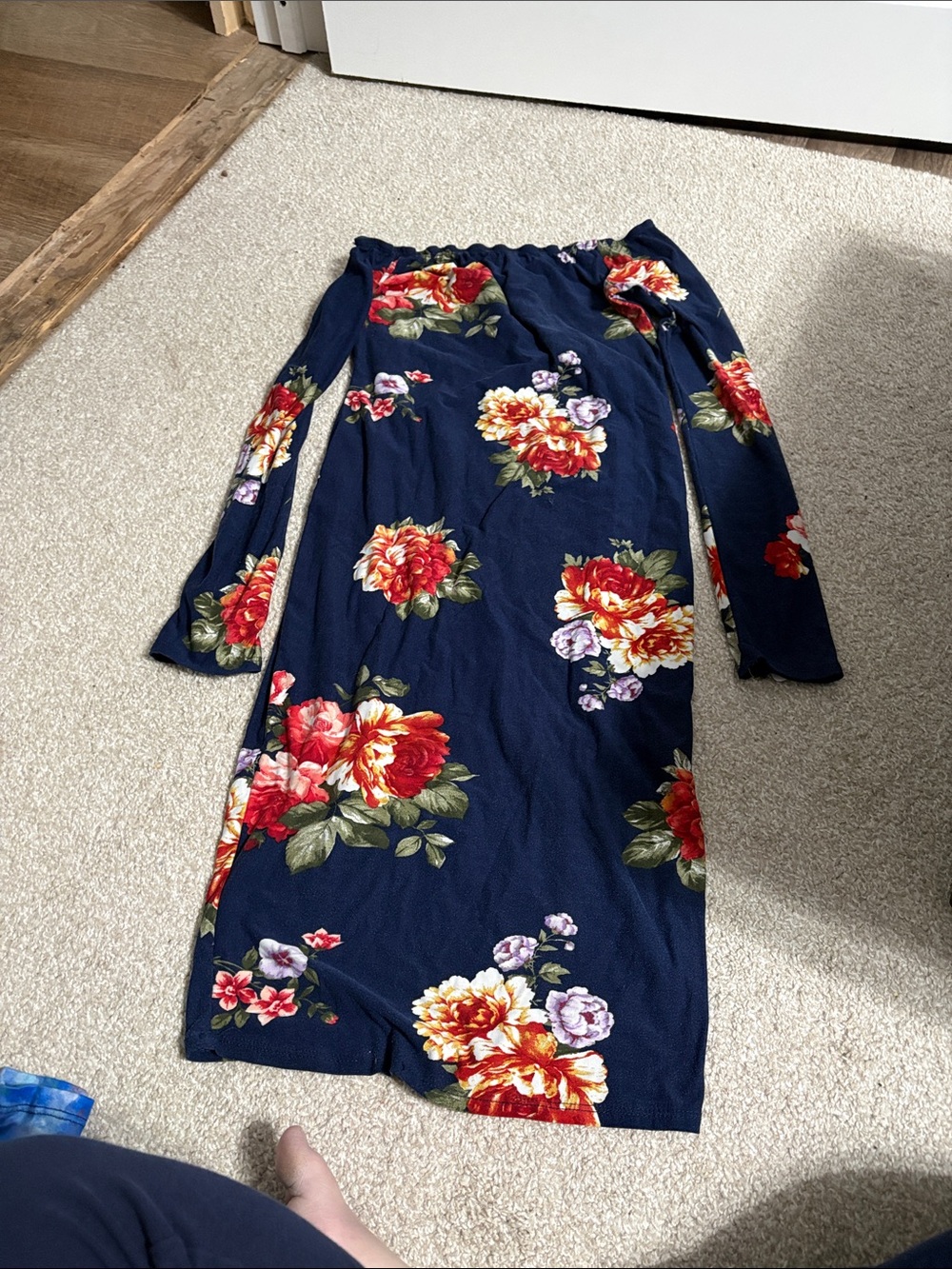hello miss Navy Strapless Floral Midi Dress with Red & Yellow Blooms